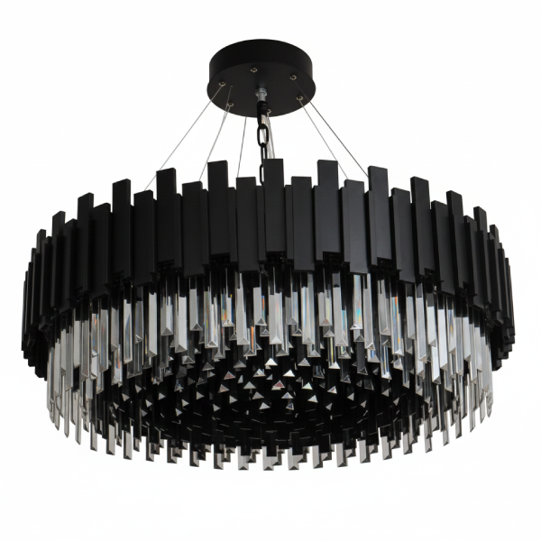 لوستر پیانویی LED با بدنه فلزی مشکی و کریستال کاردی دودی، طراحی لوکس و نور سه حالته مناسب دکور مدرن و نئوکلاسیک