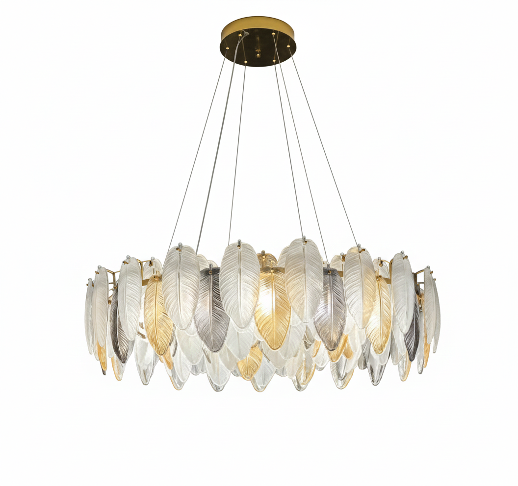 لوستر روژمان کلاسیک با آویزهای پر و نوردهی بالا