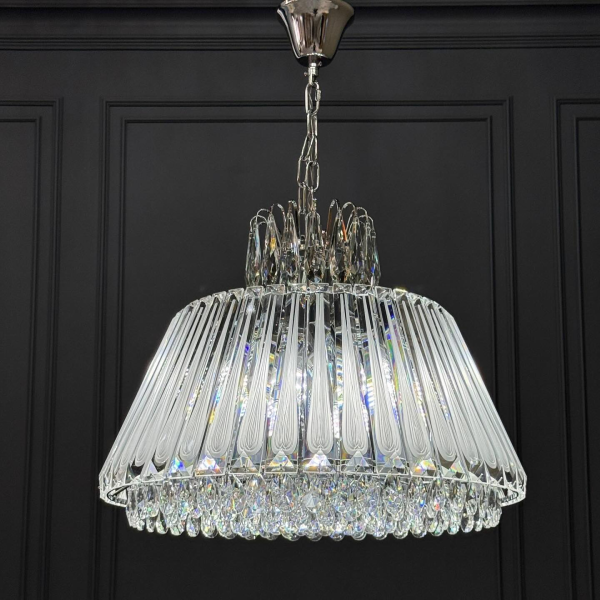 لوستر آویز کریستالی وارداتی مدل TH_8430 – بدنه آبکاری نقره‌ای و طلایی