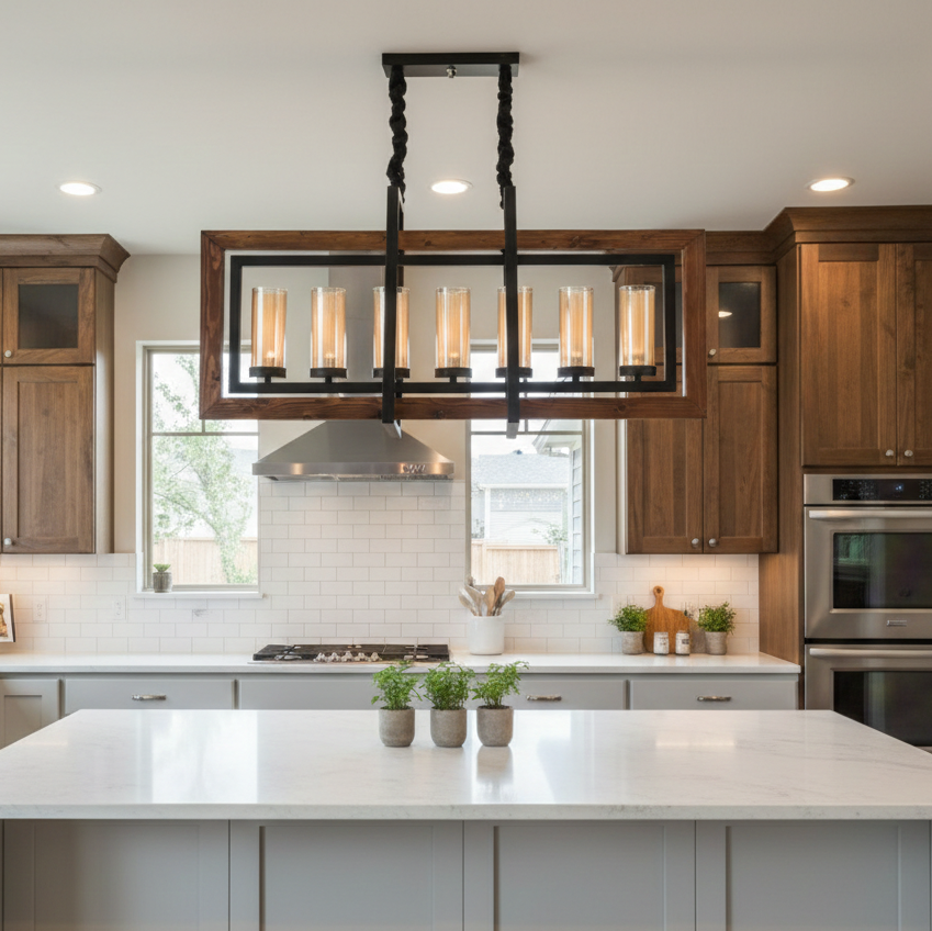 لاینر لوستر حباب دار طرح مکعب مستطیلی فلزی طرح چوب - تصویر 3