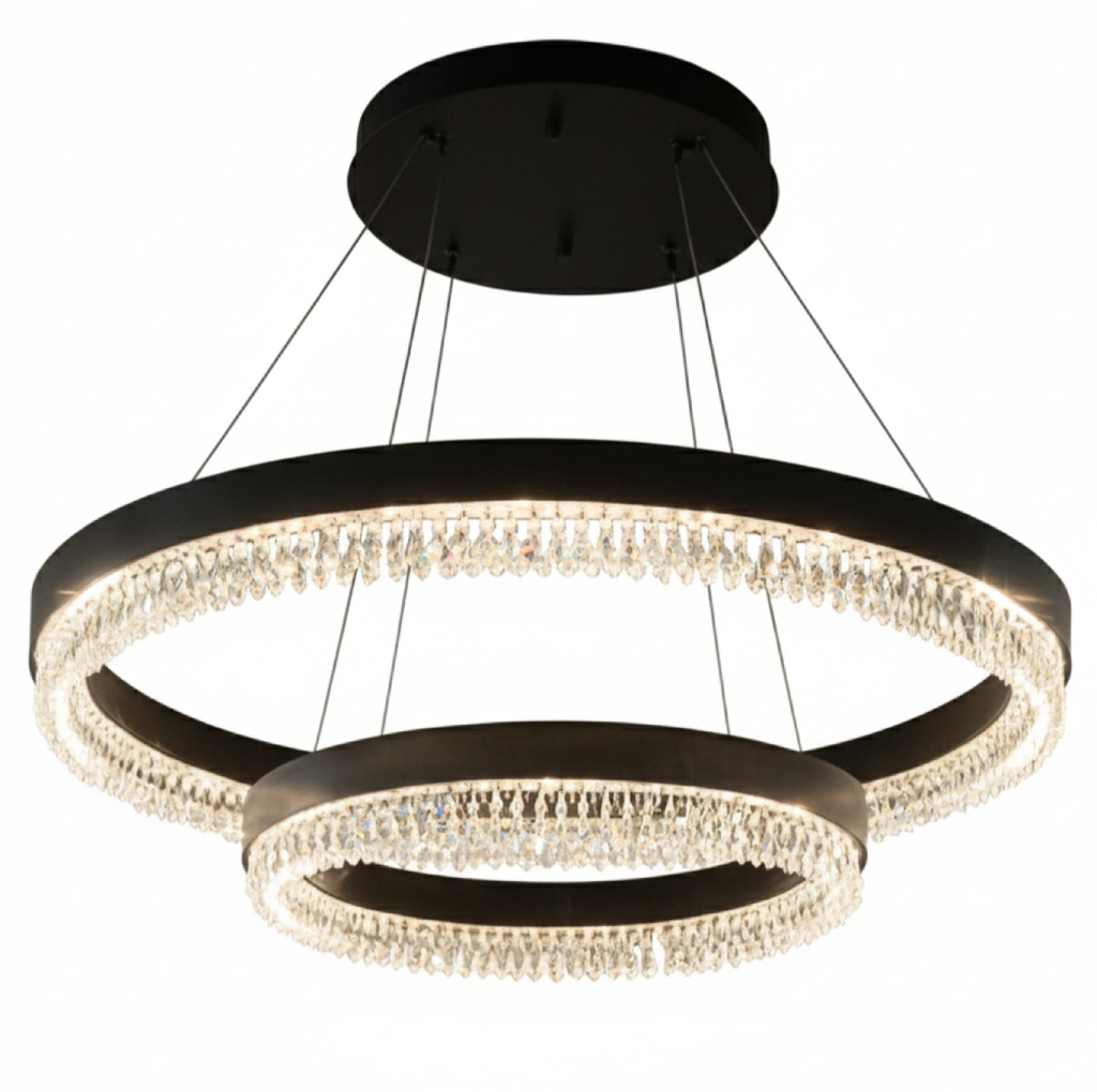 لوستر نارسیس مشکی دوطبقه با کریستال کوتاه ۳۸ میلی‌متری | نور سه‌حالته ریموت‌دار