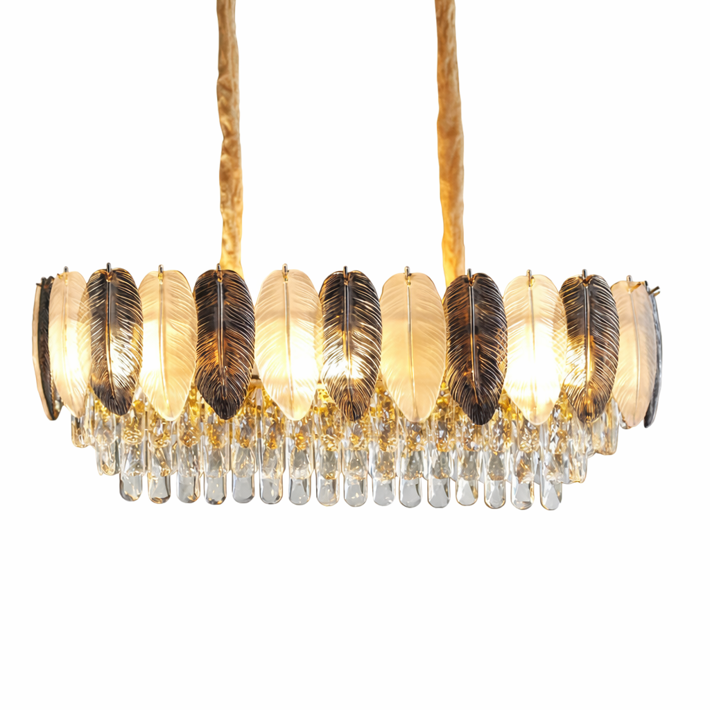 لاینر طلایی با لامپ روشن لوستر برگی کریستالی طرح شیلان آگرین لوستر